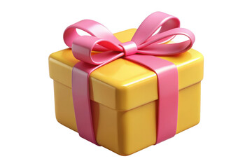Obraz premium 3d rendered yellow gift box with pink ribbon present celebration party birthday holiday surprise isolated on transparent background
