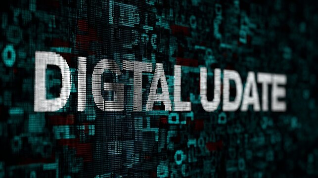 Dynamic digital update displays futuristic data stream with glowing text for technology and innovation themes