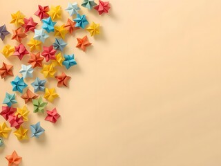 Multicolor star confetti border on warm beige background, copy space