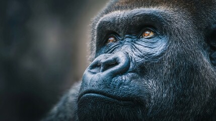 Obraz premium Intense gaze of a powerful gorilla portrait, showcasing wild animal strength and wisdom with captivating depth and detail in its eyes