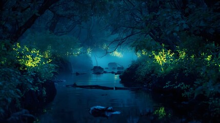 Mystic blue forest stream with luminous foliage, moody night