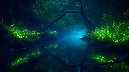 Foggy twilight forest river with glowing greenery background