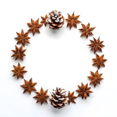 Star anise wreath ring with pinecone accent on white