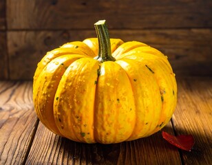Small, round, yellow pumpkin sits on dark wood.  Water droplets are visible