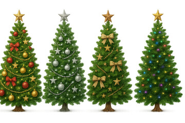 Fototapeta premium Christmas trees decorated with festive ornaments, bows, stars, and colorful lights, holiday season celebration illustration