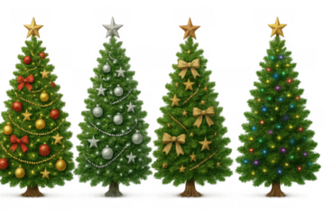 Christmas trees decorated with festive ornaments, bows, stars, and colorful lights, holiday season celebration illustration