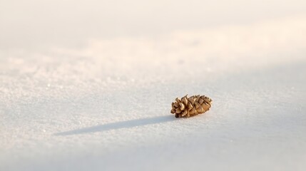 Single pinecone on fresh snow, minimalist winter background.