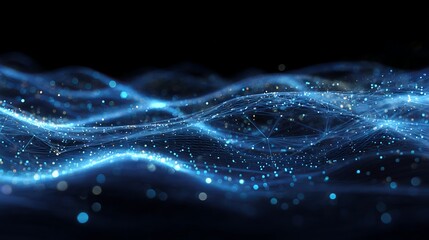 Stunning digital network visualization with glowing blue particles and abstract data streams in dark space