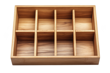 Wooden box with dividers storage organizer container craft supplies holder empty compartments home decor isolated on transparent background