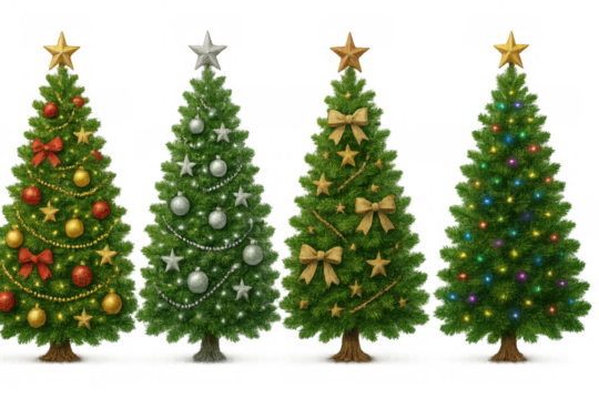 Christmas trees decorated with festive ornaments, bows, stars, and colorful lights, holiday season celebration illustration - Powered by Adobe