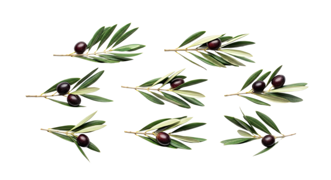 Collection of Olive Branches with Black Olives on White Background 1.