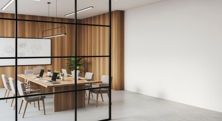 Wooden and white minimalist conference room. Mock up copy space empty wall. 