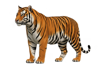Majestic bengal tiger standing proudly, wildlife animal, feline predator, orange and black stripped fur, isolated on transparent background