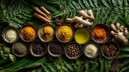 Exotic vibrant assortment of spices and herbs creating rich culinary experience on green ferns for food blogs and wellness promotions