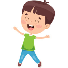 Joyful Young Boy With Brown Hair And Freckles Wearing A Green T-shirt And Blue Jeans Expressing Happiness And Excitement With Arms Wide Open