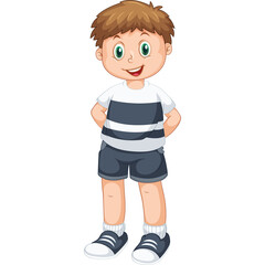 Joyful young boy with brown hair and green eyes wearing a striped t-shirt and shorts standing with hands behind back