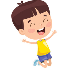 Joyful young boy with brown hair wearing a yellow shirt and blue shorts happily jumping with arms outstretched isolated on a white background with a cheerful expression