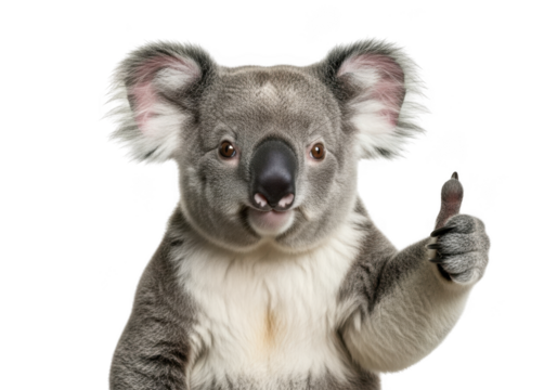 Cute koala bear thumbs up gesture, happy animal, wildlife illustration, cartoon character, mascot, mammal, isolated vector image, png isolated on transparent background