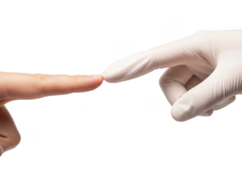 Two fingers touching, one in glove, medical concept, healthcare, protection, contact, connection, skin, latex, examination, prevention, disease isolated on transparent background