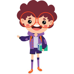 Joyful Young Boy With Curly Hair Wearing Glasses And Purple Jacket Holding Books And Backpack Waving Hello With A Big Smile And Transparent Background