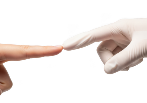 Two fingers touching, one in glove, medical concept, healthcare, protection, contact, connection, skin, latex, examination, prevention, disease isolated on transparent background