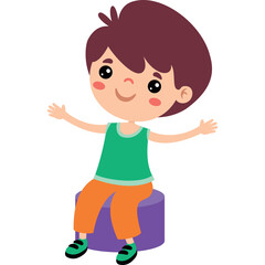 Joyful young boy with dark brown hair wearing a green tank top and orange pants sitting on a purple 