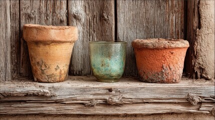 Rustic pots of various textures and colors sit on a wooden shelf reflecting the charm of a bygone era.