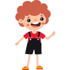 Joyful young boy with curly red hair wearing red shirt and black overalls with yellow shoes standing happily