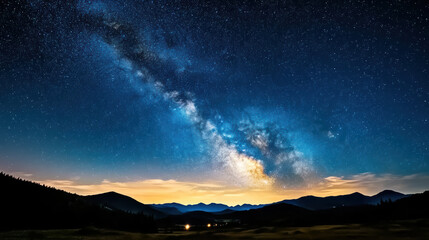 Naklejka premium Majestic milky way stretching across dark sky, illuminating serene landscape with distant