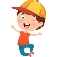 Joyful Young Boy with Yellow Baseball Cap and Orange T-shirt Winks Happily in a Playful Pose With Blue Jeans and Red Shoes Isolated on White Background