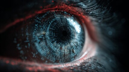 Futuristic digital eye with intricate circuit patterns, representing advanced technology, AI, and data analysis in a modern concept.
