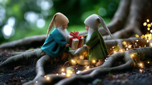 Faceless figures of elves and gnomes exchanging gifts beneath luminous tree roots, gentle bokeh glow and dreamlike focus, with copy space.