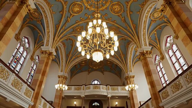 Ornate Interior View of a Synagogue in Warm Lighting and Golden Accents