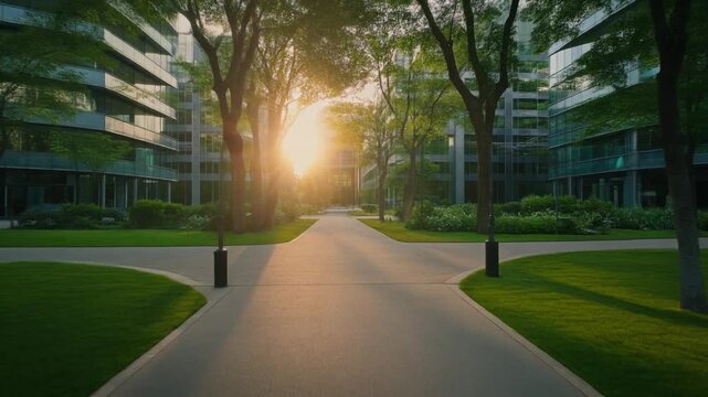 Cinematic wide shot of green office campus with trees, walking path, and sunrise light, sustainable corporate design
