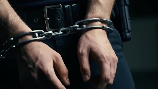 Handcuffed suspect inside. Background showing uniform and firearm, possible use for justice system or crime scenes