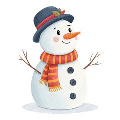 Delightful Cartoon Snowman Character Wearing a Fedora Hat and Striped Scarf