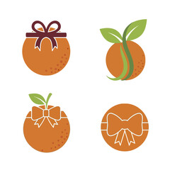 Orange fruit illustrations with gift bow and sprout design elements.