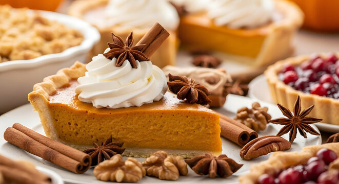 Delicious Slice of Pumpkin Pie with Whipped Cream and Spices, Autumn Dessert