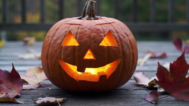 Lit Jack-o'-lantern on wooden deck with falling leaves, for holiday, decoration, and fall themes