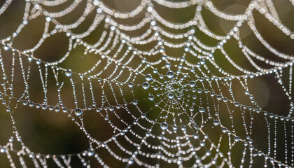 Fototapeta premium Close-up of a dewy spider web with water droplets on a blurred green background.
