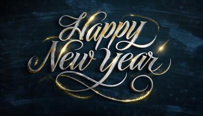 Gold cursive Happy New Year text on a dark blue background with elegant swirls