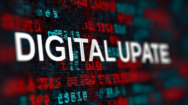 Bold white text 'DIGITAL UPDATE' overlaid on a dynamic, abstract digital background with red and teal binary code elements - Powered by Adobe