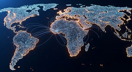 Futuristic global telecommunications network represented by illuminated nodes and lines connecting the continents of the world