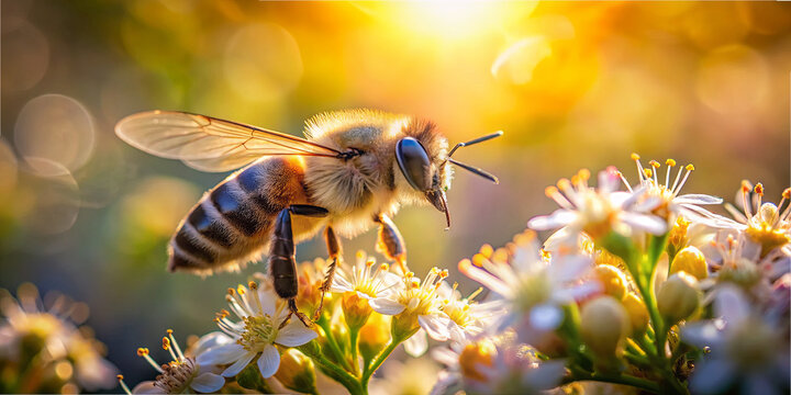 A bee collects nectar from delicate white flowers in a sunlit garden. The warm glow of sunset creates a magical atmosphere as the bee works diligently among the blooms