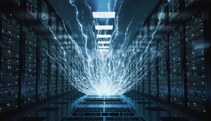 Data transfer visualized in a server room with glowing blue lights