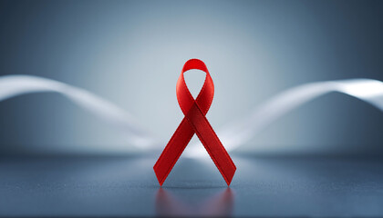 Close-up of a red AIDS awareness ribbon on a dark background with a subtle gradient light effect.