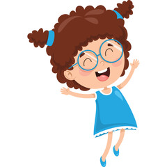 Joyful Young Girl With Brown Curly Pigtails Wearing Blue Dress and Round Glasses Happily Jumping With Arms Outstretched Against A White Background