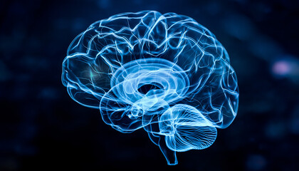 Glowing blue brain illustration on a dark background with neon lines