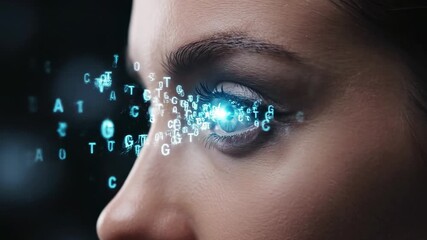 Close-up of eye with digital letters emitting from it, showcasing concept of advanced technology - Powered by Adobe