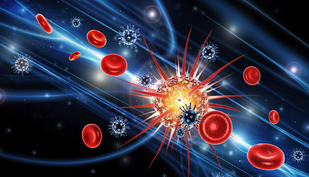 Illustration of red blood cells and viruses in a glowing blue bloodstream with a radiant yellow light